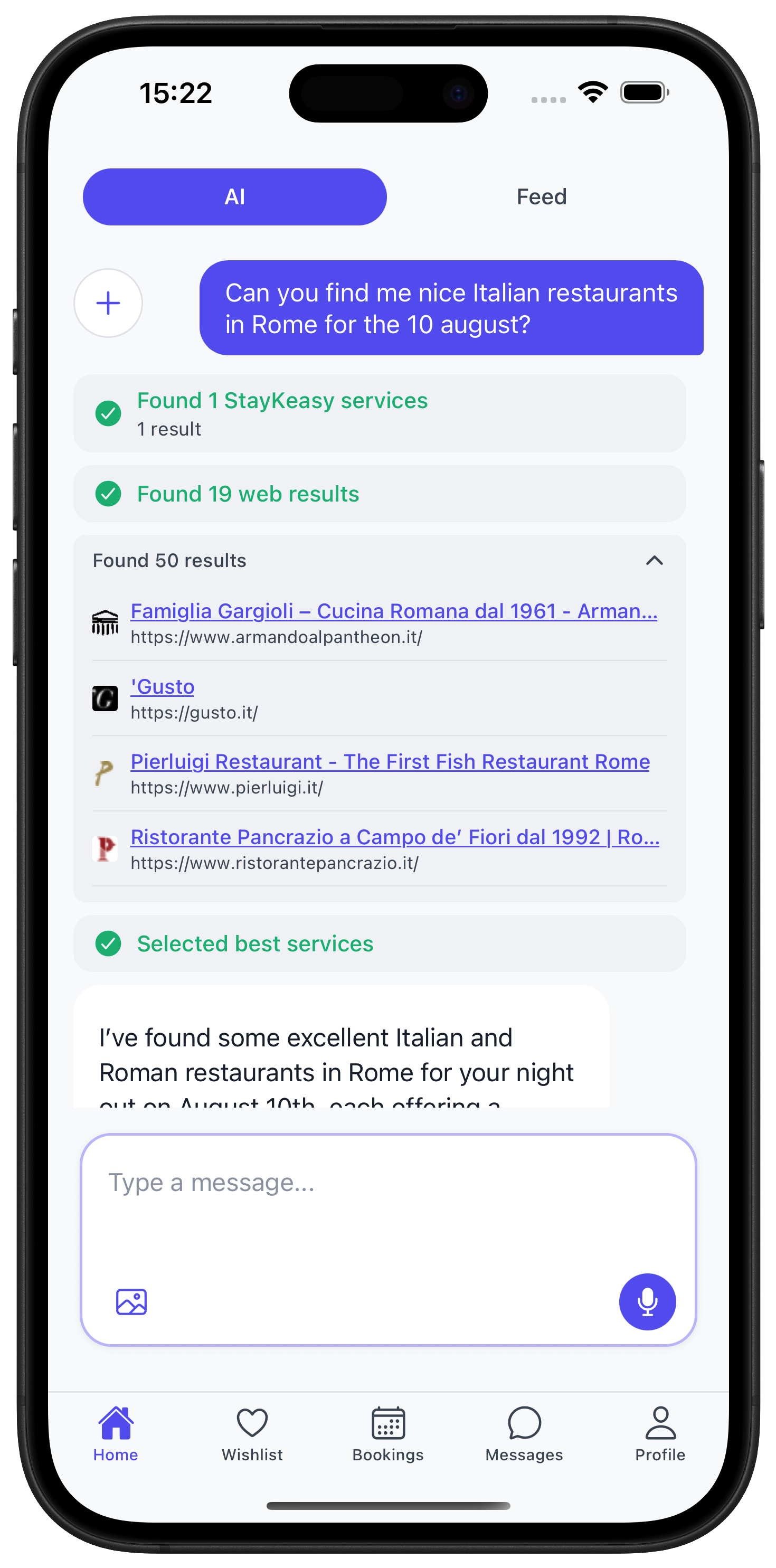 StayKeasy AI Search Results - Find restaurants with web and StayKeasy services